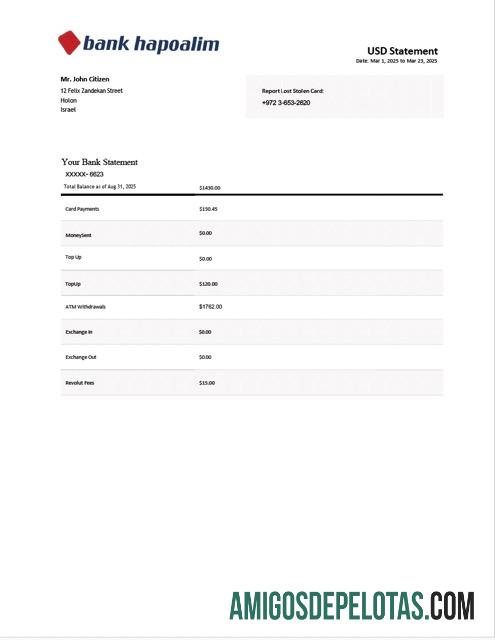 Modelo realista de extrato bancário Hapoalim do Banco de Israel em Word e PDF